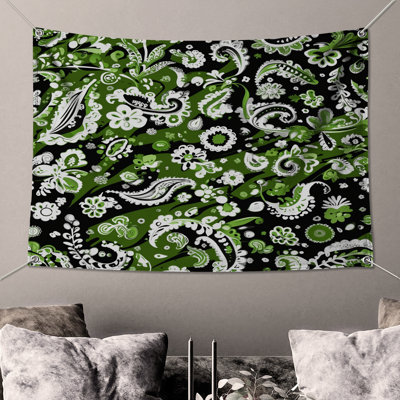 Tapisserie murale verte et noire à motif cachemire floral - Décoration murale cachemire