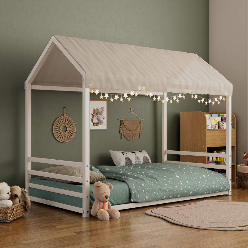 Structure de lit en métal d'inspiration Montessori, forme de maison délicieuse avec garde-corps pour enfants et tout-petits, assemblage rapide
