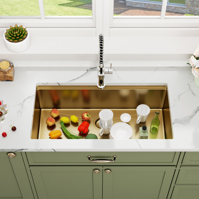 36"L x 19"W Undermount Workstation Kitchen Sink Gold 16 Gauge Stainless Steel Single Bowl Kitchen Sink with Basket Strainer and Stainless Steel Grid