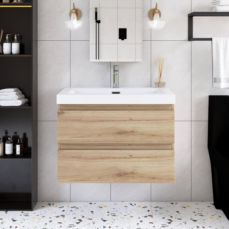 30'' Wall-Mounted Single Bathroom Vanity With Integrated Resin Top, Gray Oak