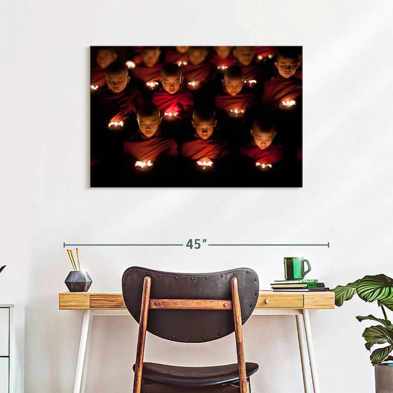 Adella Burmese Monks Praying In Yangon Burma, 24" H x 36" W
