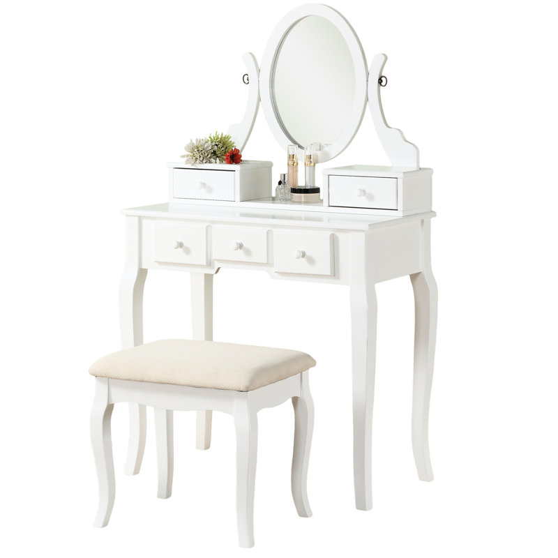 Table de coiffeuse blanche et tabouret By Wood - Miroir pivotant réglable et 5 tiroirs pour le rangement du maquillage