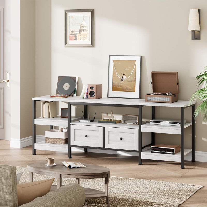 Industrial Media Console, Rustic Entertainment Center, Metal Frame TV Stand with Storage Drawers, Farmhouse Modern Living Room TV Cabinet
