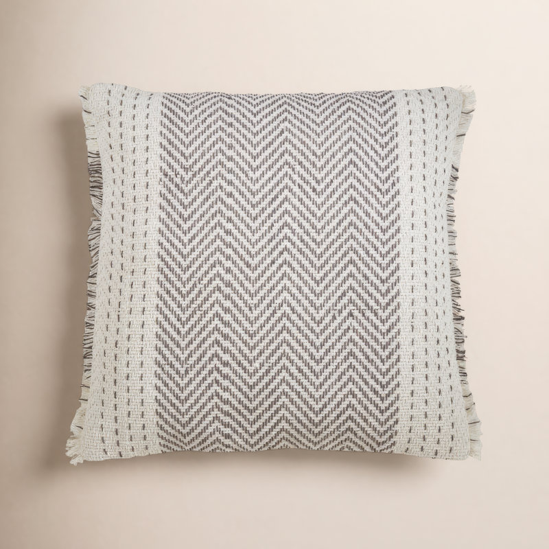 Carey Fringed Cotton Throw Pillow, Polyester/Polyfill, Gray/Ivory