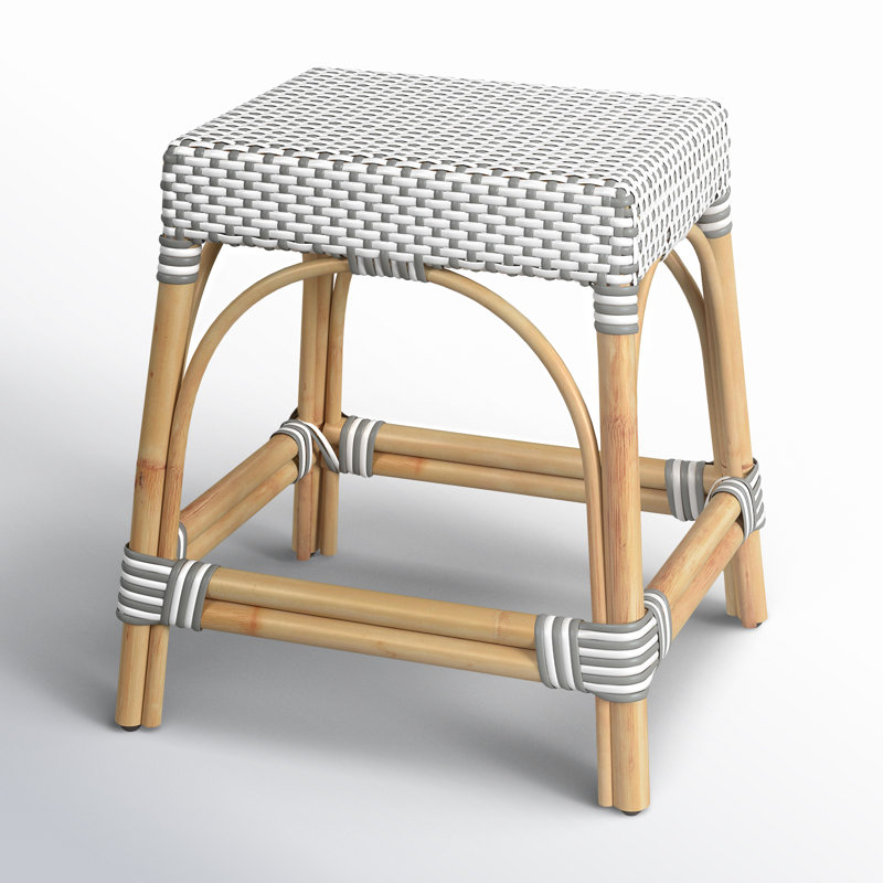 Robias Rattan 18" Dining Stool, White/Gray Dot / Natural Rattan Frame