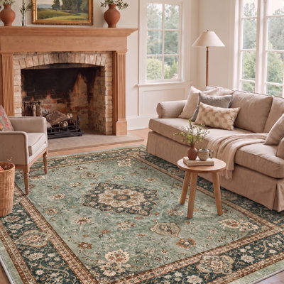 Tapis oriental traditionnel vert/beige à poils courts, lavable et antidérapant