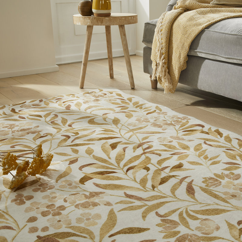 Floral Ivory Gold Washable/Stain Guarded Area Rug , Rectangle 200 x 300 cm