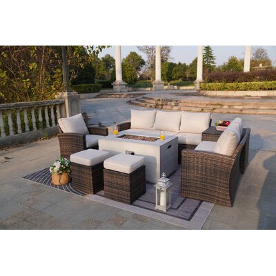 Moda 43.5 In. X 27.36 In. X 23.8 In. H Brown Rectangular Wicker Outdoor Gas Fire Pits Dining Set -  Red Barrel StudioÂ®, FE316922873A404DB7A2EA49CA9DE1F9