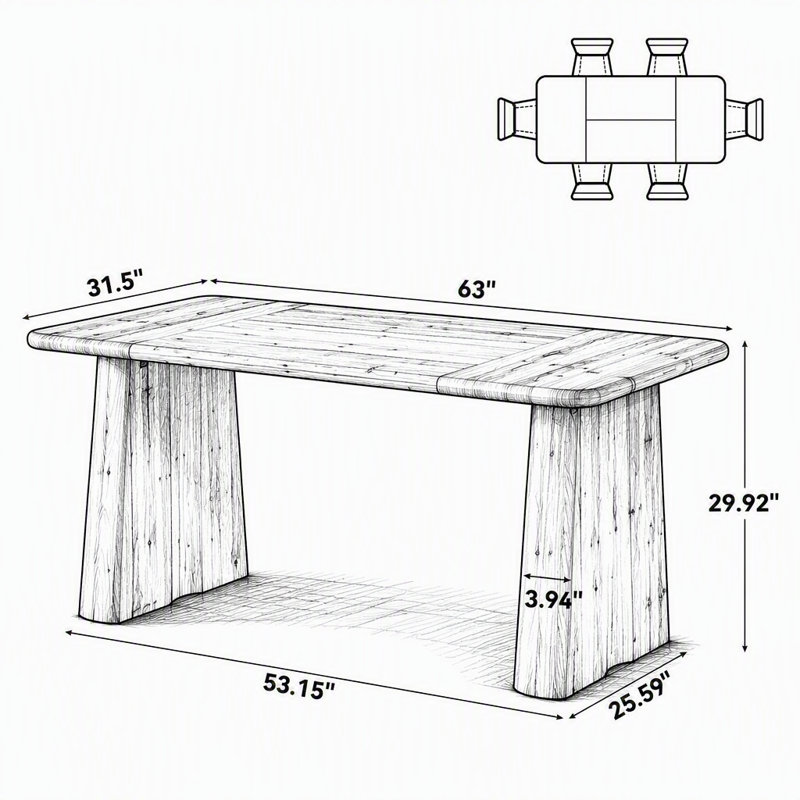 63″ Solid Wood Dining Table with Double Pedestal Legs, Rectangular Kitchen Dinner Table with Rounded Edges, Child and Pet Friendly