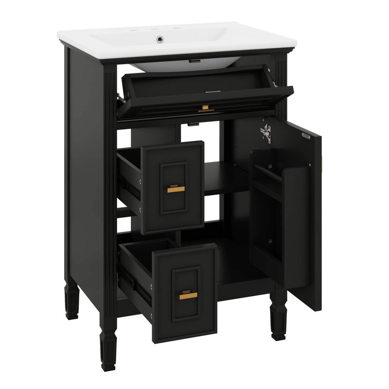 Meuble-lavabo 24 po avec lavabo, meuble-lavabo simple avec 1 tiroir rabattable, 2 tiroirs, tablettes de porte et tablette réglable