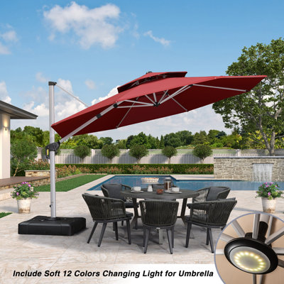 12 Feet Outdoor Double Top Round Deluxe Lighted Cantilever Umbrella With Base,Red