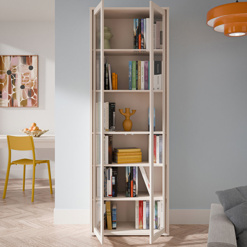 Chadwic Modern minimalistic tall display cabinet with 2 glass doors, 5 shelves, engineered wood, beige, 74.5 cm W x 214.3 cm H x 34.9 cm D