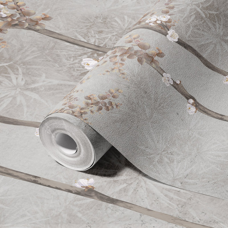 Élégante peinture murale cerisier en fleurs, Gris, L 44,04 po x l 81 po