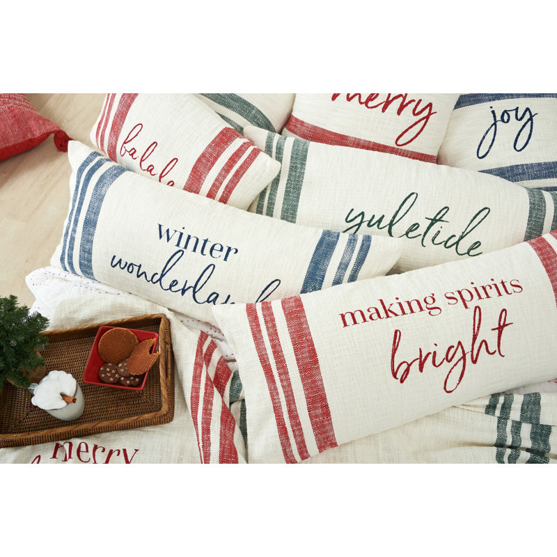 White and Green Yuletide Woven Rectangular Throw Pillow