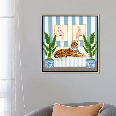 Tigre chinois avec pots de gingembre et cacatoès roses - reproduction d'art murale - toile encadrée
