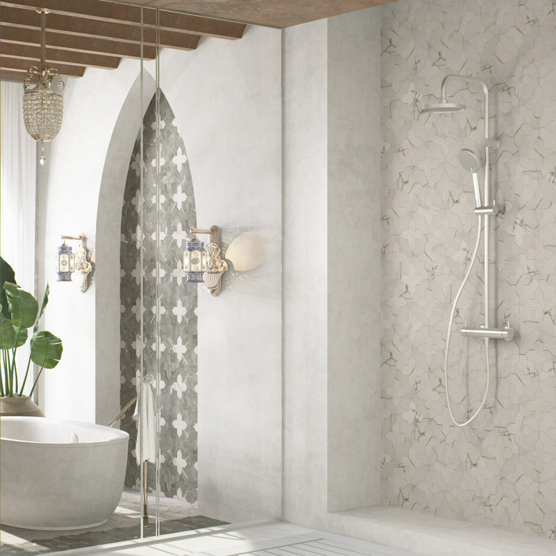 Istanbul Templar Shield With Cross 8-3/8 In. X 8-3/8 In. Porcelain Floor And Wall Tile Kit, White/Gray