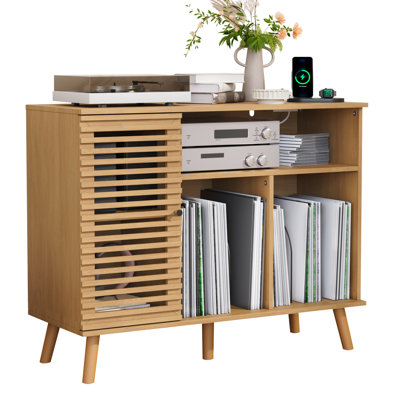 Record Player Stand With Charging Station, Mid-century Turntable Stand With Slatted Doors, 40" W Record Player Table Holds Up To 350 Albums Vinyl Storage Display Shelf For Living Room, Oak