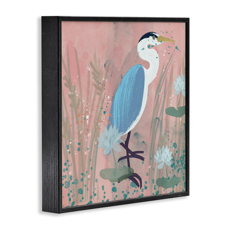 Oiseau côtier avec fleurs de lotus, estampe numérique par Juliet Rose Philips, Giclée encadrée noir minuit, H 12 po x l 12 po