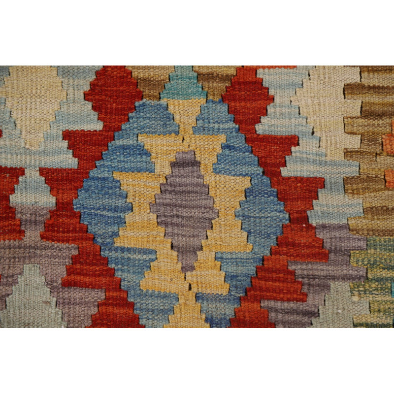 Tapis rouge / bleu / beige en laine tissé à plat à la main Ikat 8 pi 3 po x 11 pi 7 po
