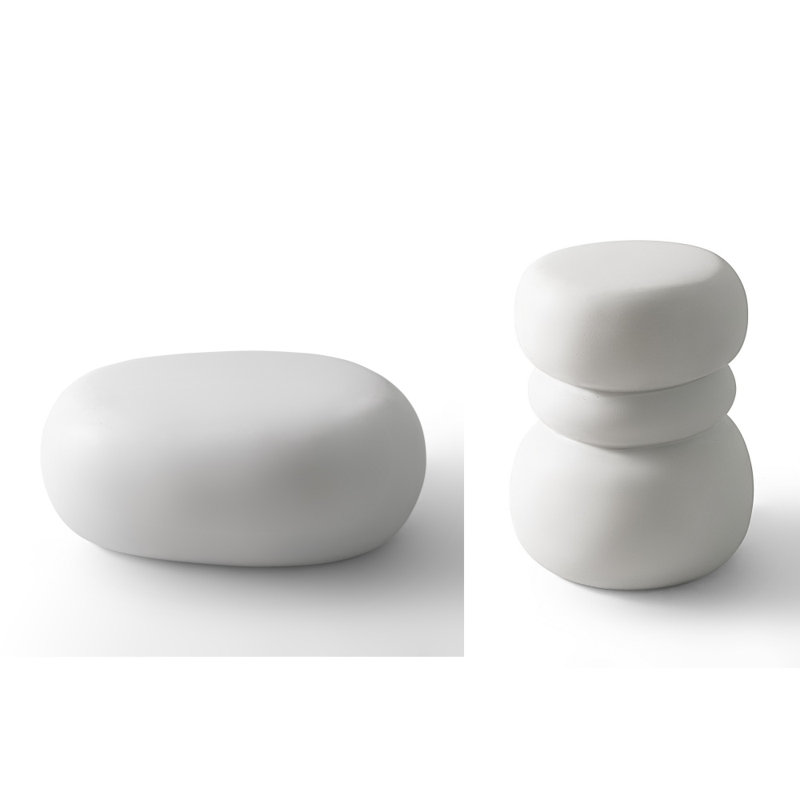 Modern Concrete Table Set: Pebble Coffee Table & Organic Magnesium Side Table, White