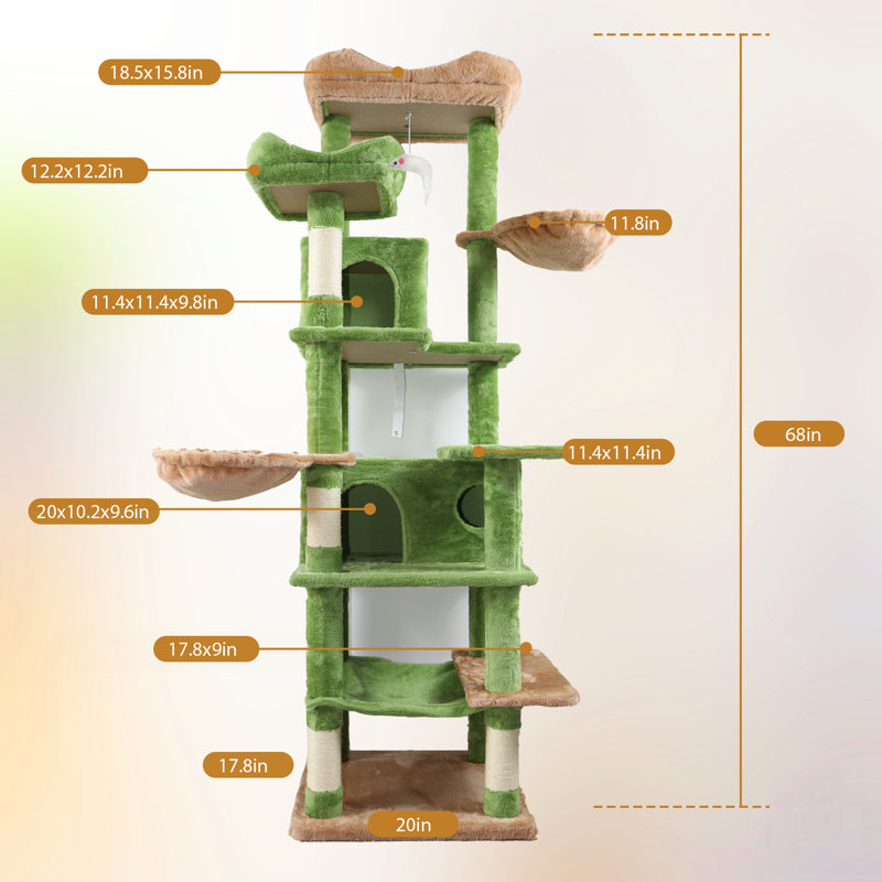 Grand arbre à chat vert à plusieurs niveaux avec hamacs, panier suspendu, grotte pour chat, coussin amovible, poteaux à griffer - tour de chat en peluche pour chats d'intérieur, parfait pour plusieurs chats