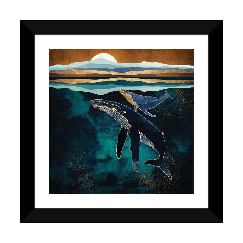 Moonlit Whales - impression d'art graphique, Papier encadré noir, Blanc, H 16 po x l 16 po x p 1 po