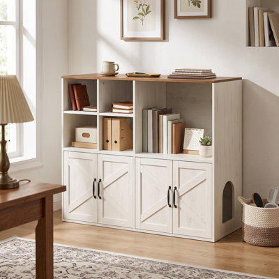 Double Litter Box Enclosure, Hidden Cat House with Scratching Mat, Farmhouse Side Table, Tall Legs, White and Tan