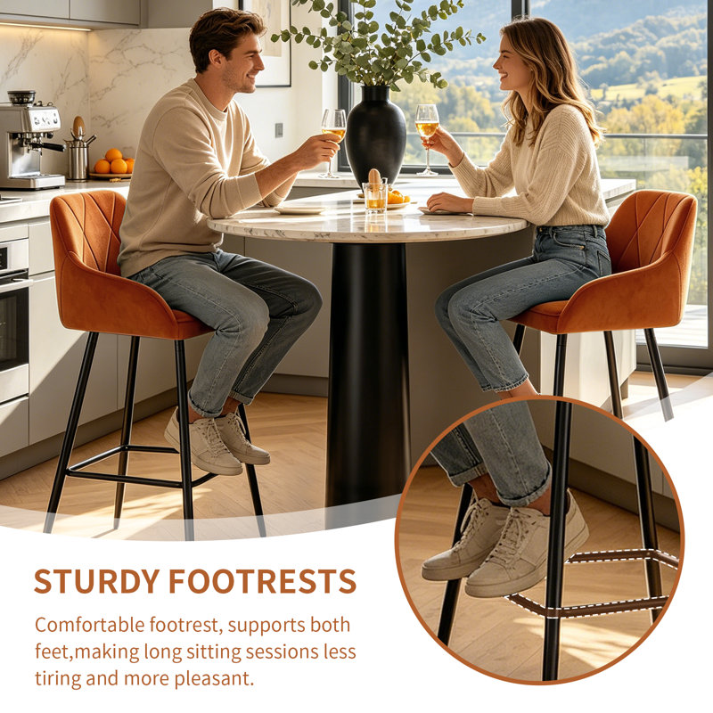 Fixed Height Velvet Bar Stool with Diamond Tufted Back, Orange