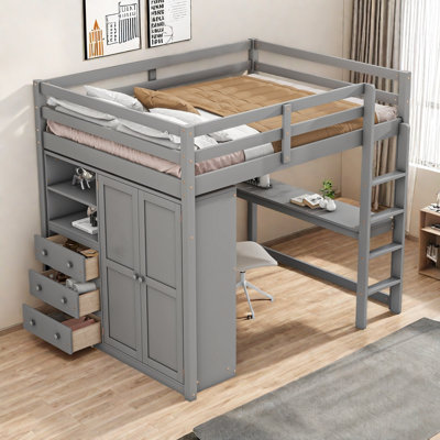 Full Size Loft Bed With Built-in Wardrobe, Desk & Storage – 3 Drawers, Shelves, No Box Spring Needed