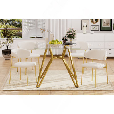 35.4-Inch Square Tempered Glass Dining Table, Suitable For 2-4 People, Space-Saving Small Kitchen Dining Table, Equipped With Sturdy Metal Table Legs,Suitable For Dining Room, Living Room,Gold