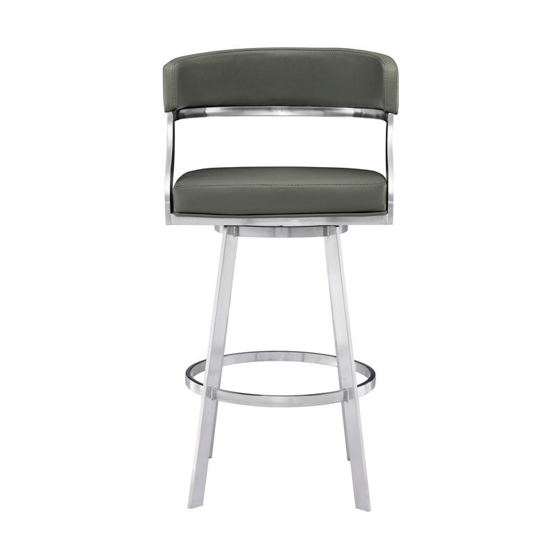 Tabouret de bar rotatif Dehn avec dossier ouvert et repose-pieds en métal et similicuir Dehn, Gris, Acier inoxydable brossé