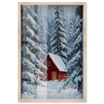 Décoration de Noël rouge Cabin dans la neige Shadowbox par Art Remedy, cadre noir, 11 x 16