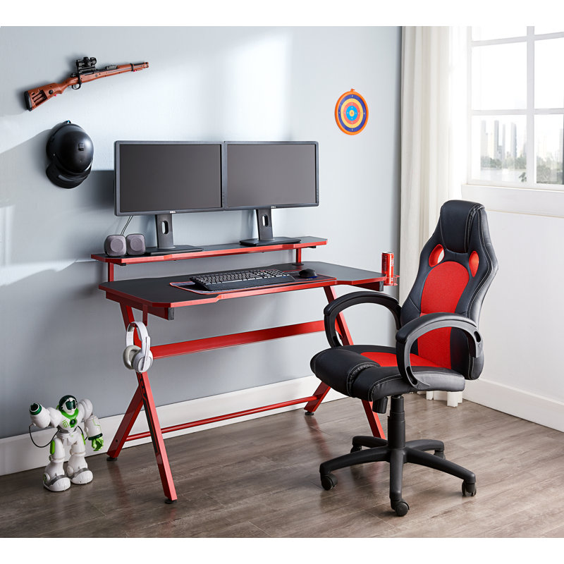 Runulf Desk with Hutch - Office Computer Desk with Bookshelf Storage, Red
