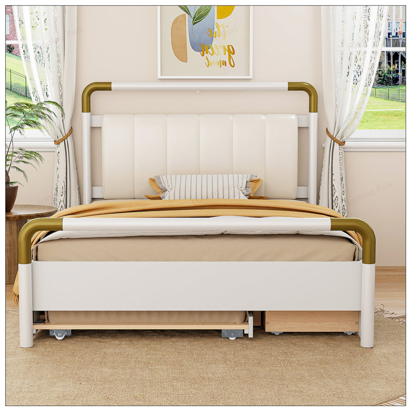 Grand lit plateforme avec rangement en bois avec gigogne et tiroirs, combinant élégance moderne et design pratique., White