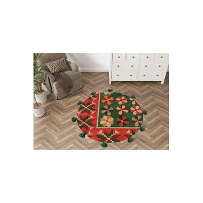 Tapis décoratif rond vert à motif mixte