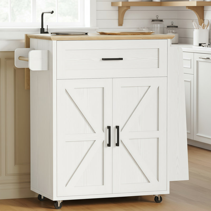 White Portable Kitchen Cart: Storage + Power Outlet + Folding Table, Suitable For Dining Rooms., White
