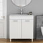 Meuble-lavabo de salle de bain 32 po avec lavabo, portes doubles et poignée en métal, blanc brillant pour une fermeture en douceur des charnières, poignée pratique