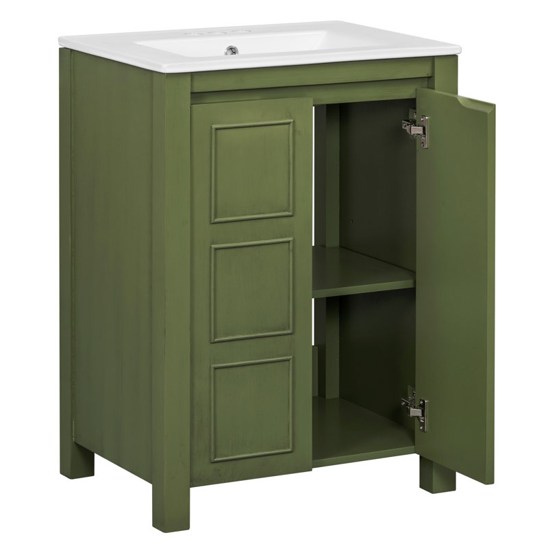 Petit meuble-lavabo de style vintage 24 po avec lavabo en céramique, 2 portes à fermeture douce, tablette réglable