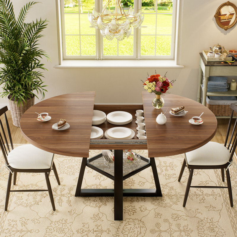 Table de salle à manger extensible ronde / ovale de 43,3 po à 59 po pour 4 à 8 personnes, avec rallonges amovibles, tablette de rangement et rangement caché, conception peu encombrante pour la cuisine et le salon