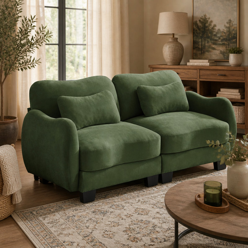Canapé-lit en chenille vert avec coussin de taille et accoudoirs courbés