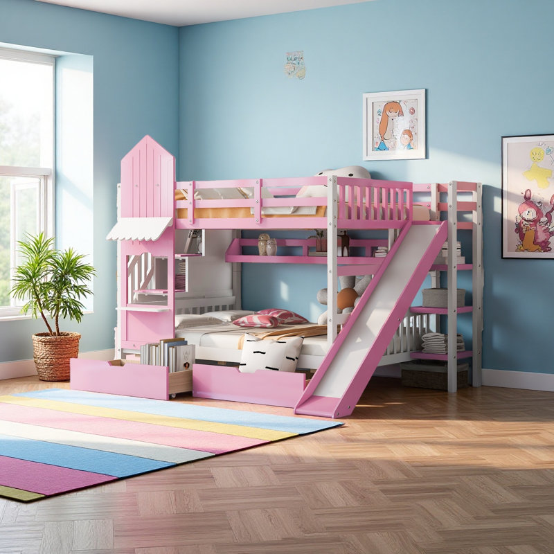 Lit superposé double de style château avec 2 tiroirs et 3 glissières, Rose