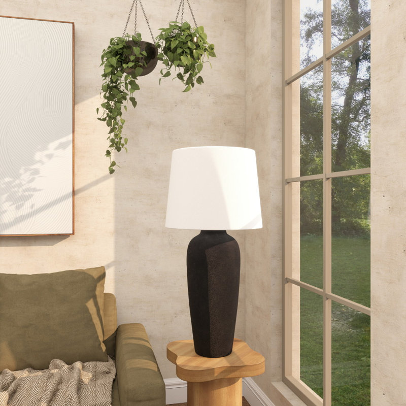 Cole And Grey Ceramic Antique Style Pot Vase Room Table Lamp With White Linen Shade, Black, 28.5" H x 14" W x 14" D