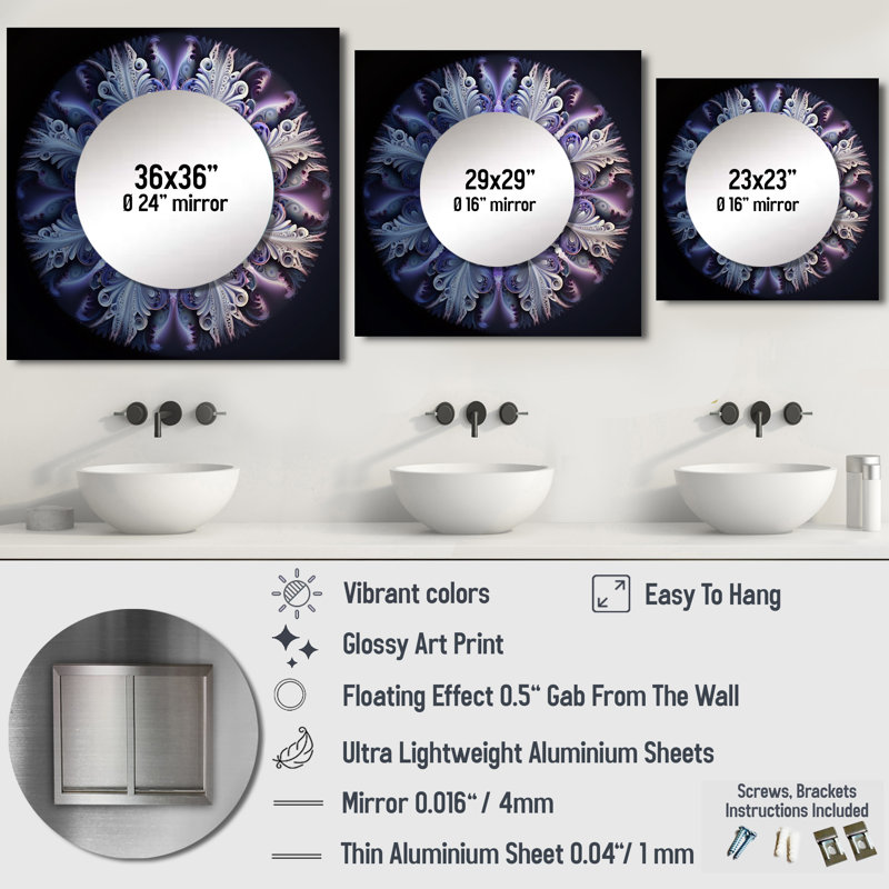 Mandala cosmique en mauve mystique - miroir mural carré Boho Mandala pour salle de bain, 36 po x 36 po