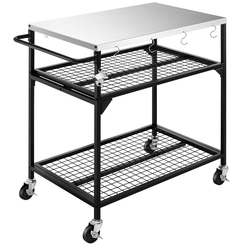 Taveyon Stainless Steel Outdoor Grill Cart, Grill Table with 4 Brakable Swivel Casters Three-Shelf Movable Food Prep and Work Cart Table Heavy Duty Pizza Oven Table, 35.43"×19.69"×35.43", Cover included