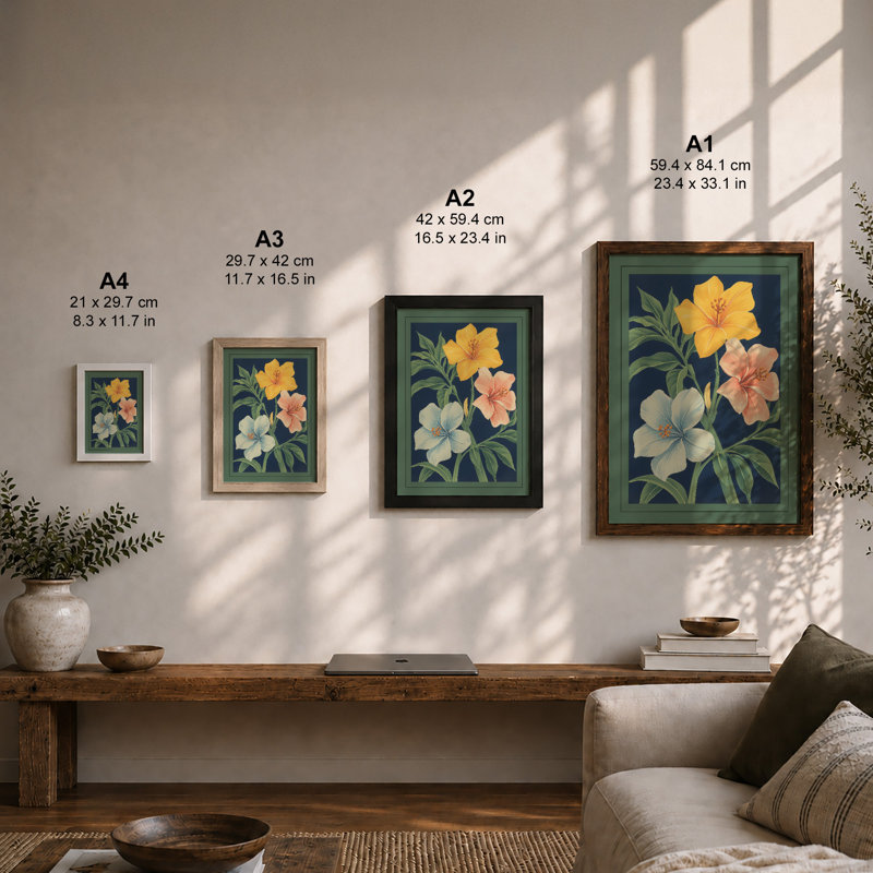 Three Blooms Botanical - Framed Print, A4 - 29.7 x 21.0 cm, Walnut