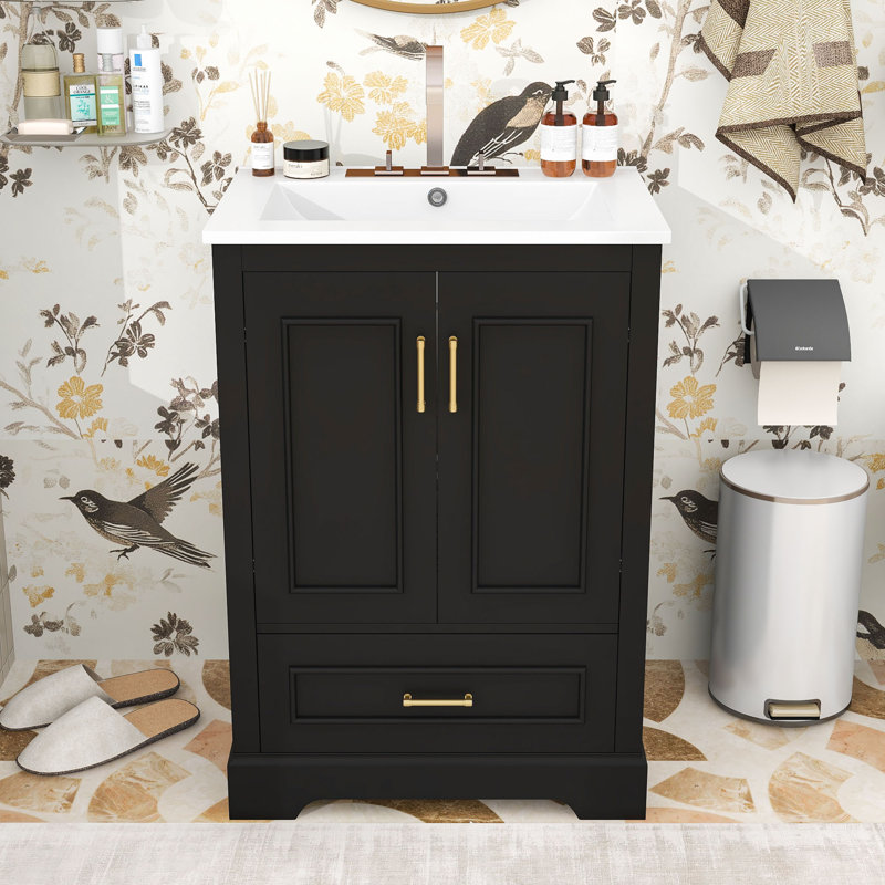 Bathroom Vanity with Ceramic Sink, Storage Drawer and Soft-Close Doors Cabinet, Black
