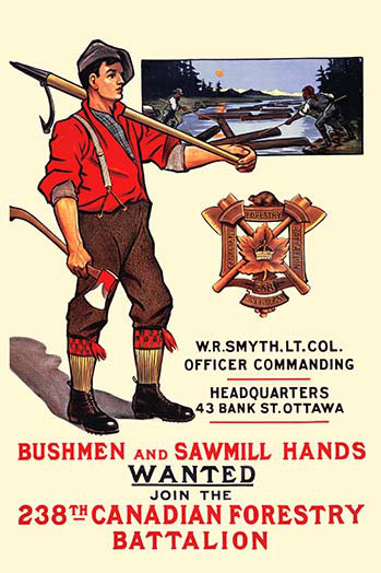«Bushmen and Sawmill Hands Wanted» par The Mortimer Company, publicité vintage, H 36 po x l 24 po x P 1,5 po