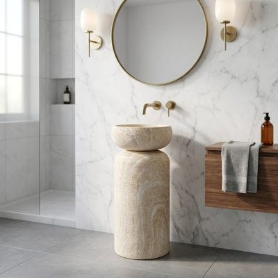 34" Round Freestanding Engineered Stone Pedestal Bathroom Sink with Natural Veined Finish
