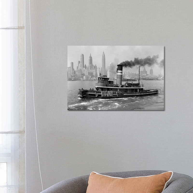 1940s Steam Engine Tugboat on Hudson River with New York City Skyline in Smokey Background Outdoor 1 Piece Wrapped Canvas Wall Art
