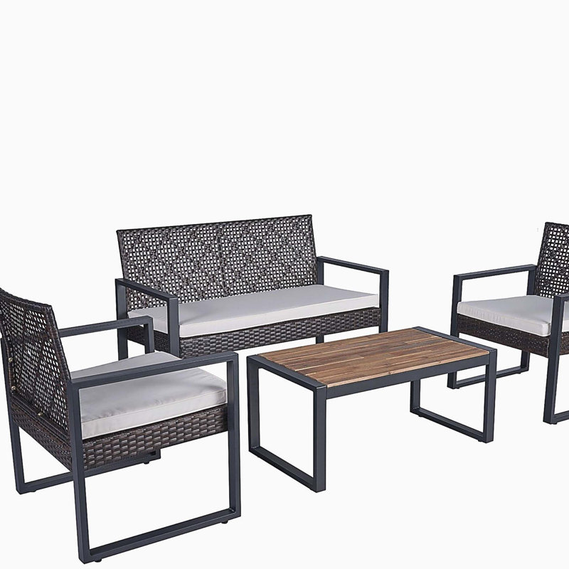 4-Piece Patio Furniture Set Outdoor Balcony Porch Garden Backyard Lawn Furniture Acacia Wood Table Top, Morden Brown and Beige Cushion